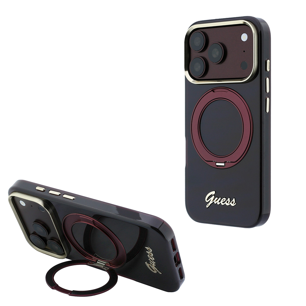 [RNZ-TA138185] Apple iPhone 18 Pro Max Kılıf Guess Orjinal Lisanslı M-safe Şarj Özellikli 360 Derece Dönebilen Standlı Metal Yazı Logolu Silikon Kapak