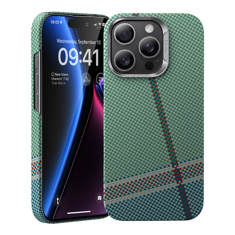 Apple iPhone 15 Pro Max Uyumlu Kılıf M-safe Şarj Özellikli Karbon Fiber Tasarımlı Benks Passion Green ArmorAir Kevlar Kapak