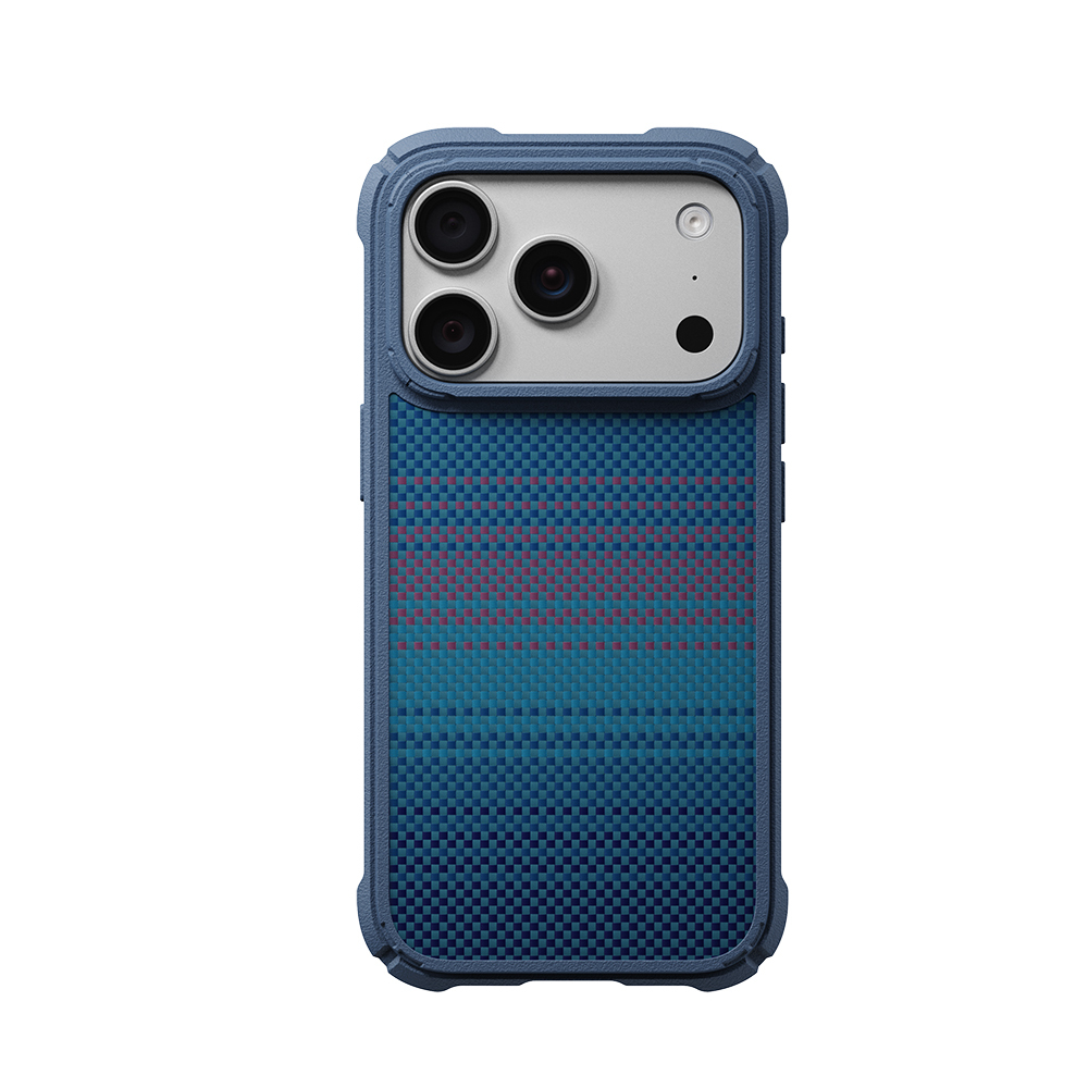 [RNZ-TA138789] Apple iPhone 18 Pro Kılıf M-safe Şarj Özellikli Pitaka Tactile Woven Sunset-Moonrise Aramid Serisi Cairn Kapak (Lacivert)