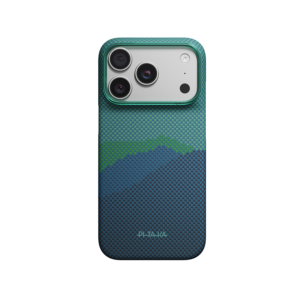 [RNZ-TA138784] Apple iPhone 18 Pro Kılıf M-safe Şarj Özellikli Aramid Karbon Fiber Pitaka Tactile Woven Starpeak Serisi Over The Horizon Kapak (Yeşil-Mavi)