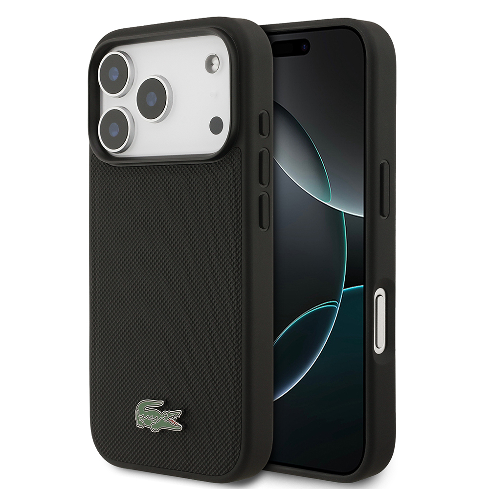 [RNZ-TA139227] Apple iPhone 18 Pro Kılıf Lacoste Orjinal Lisanslı M-safe Şarj Özellikli PU Pike Desenli Metal Logolu Kapak (Siyah)