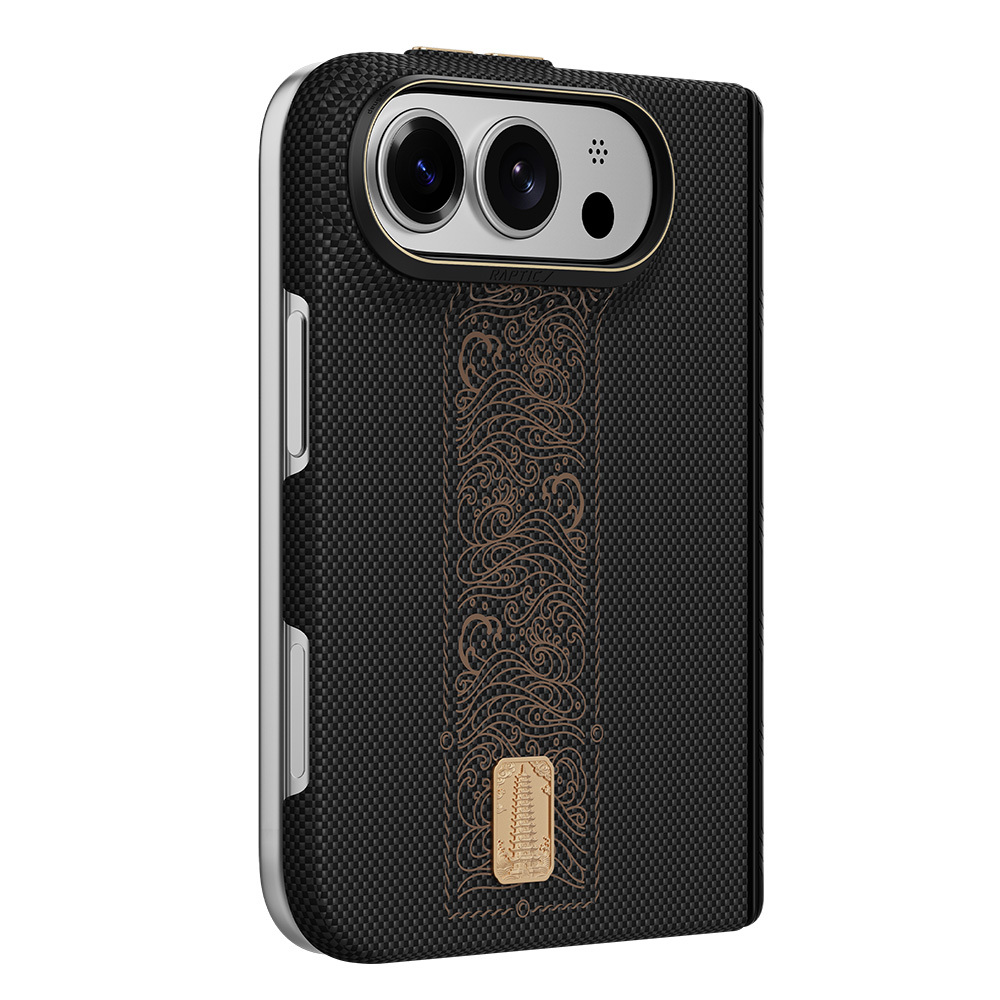 [RNZ-TA139197] Apple iPhone Duo (Fold) Kılıf M-safe Şarj Özellikli Raptic Aramid SkinPro Rise Serisi 24 Ayar Altın Kaplamalı Karbon Kapak