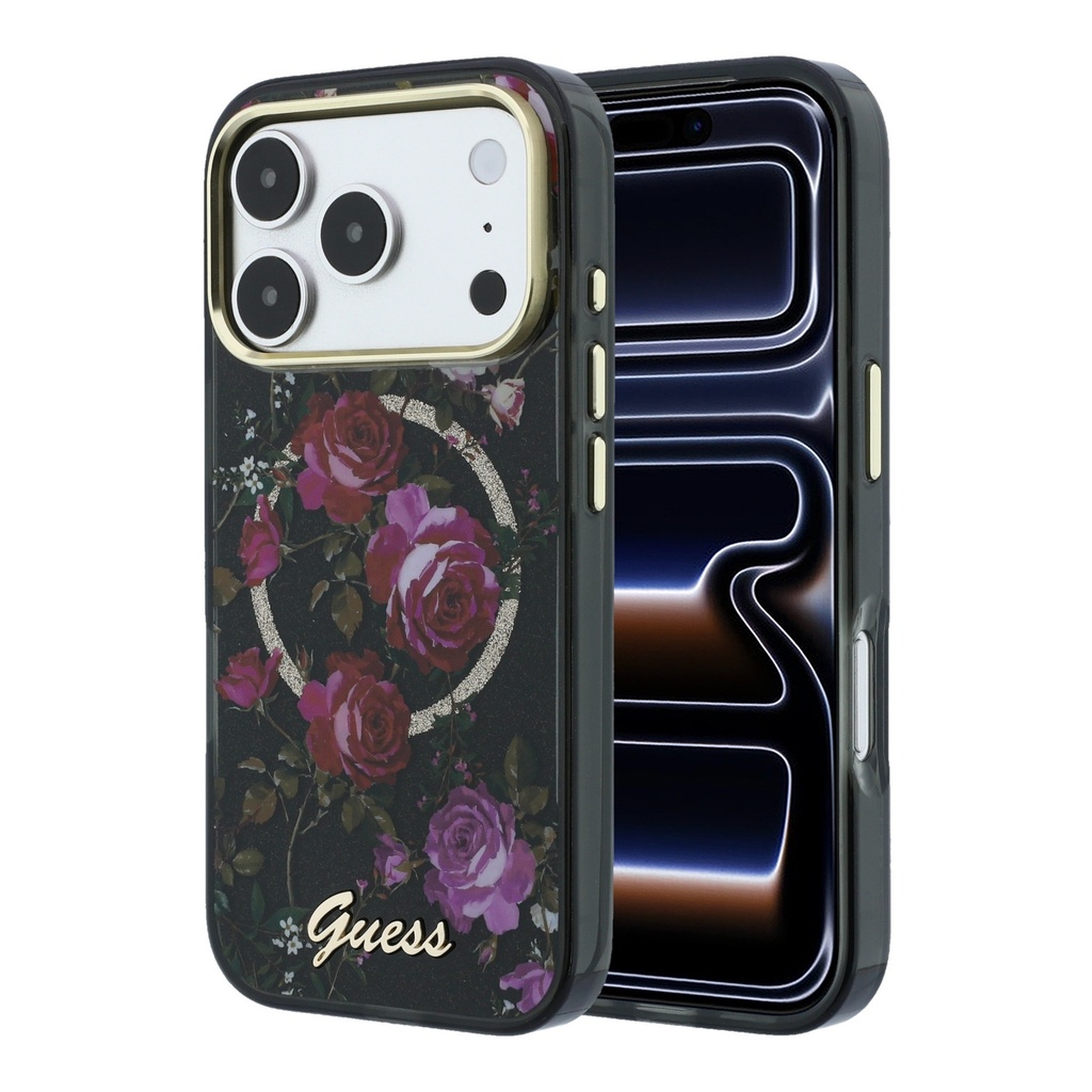 Apple iPhone 18 Pro Kılıf Guess Orjinal Lisanslı M-safe Şarj Özellikli Gül Desenli Simli Yazı Logolu Kapak