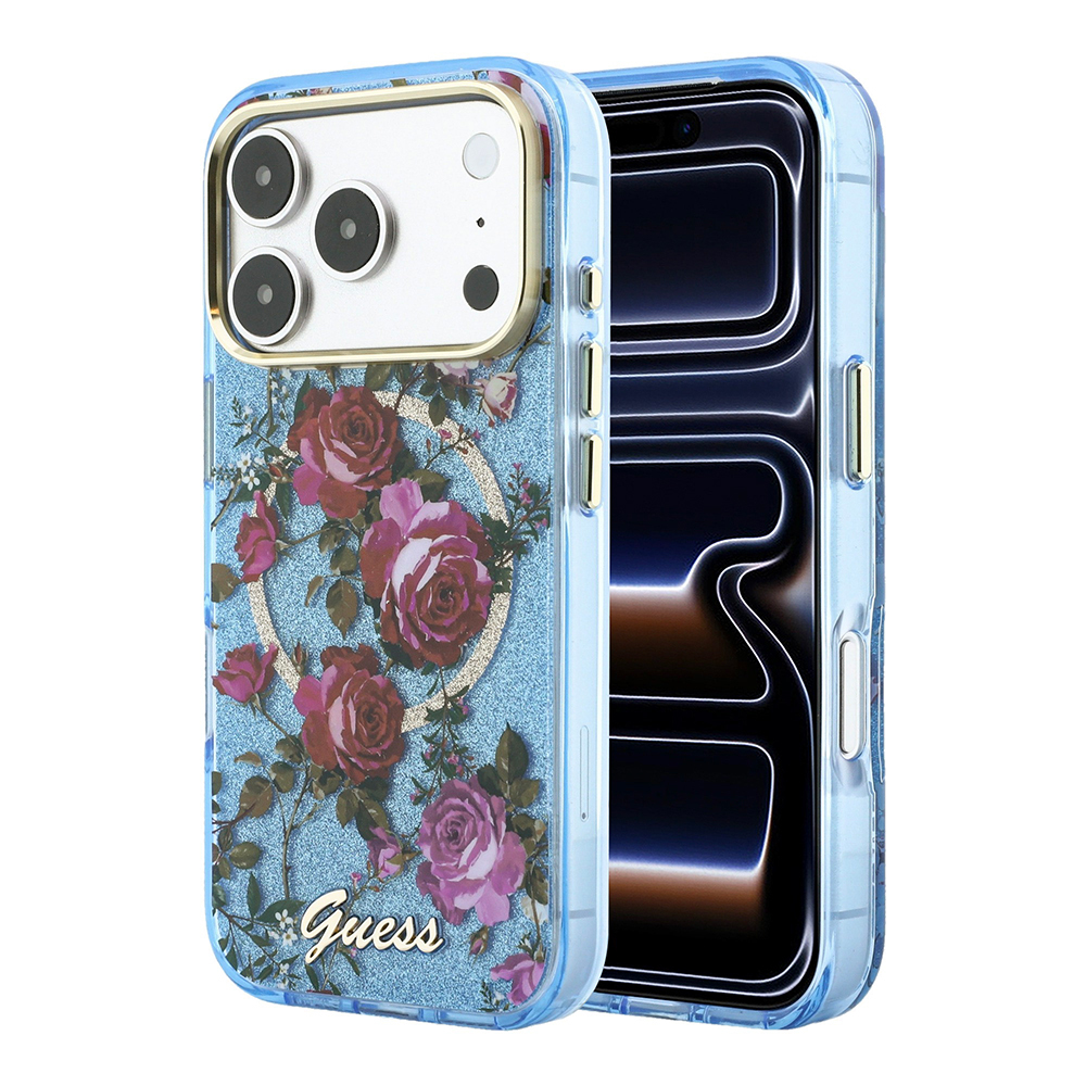 [RNZ-TA139337] Apple iPhone 18 Pro Max Kılıf Guess Orjinal Lisanslı M-safe Şarj Özellikli Gül Desenli Simli Yazı Logolu Kapak (Açık Mavi)