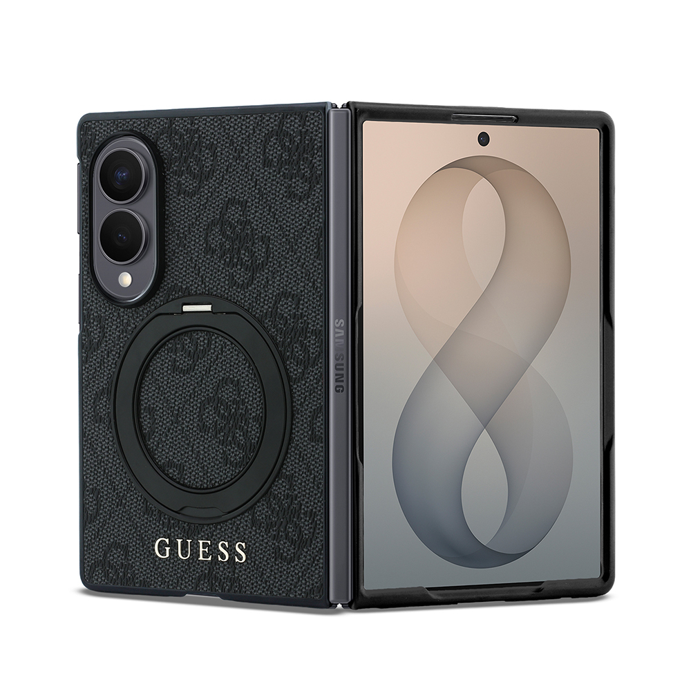 [RNZ-TA139346] Galaxy Z Fold 8 Kılıf Guess Orjinal Lisanslı M-safe Şarj Özellikli 360 Derece Dönebilen Standlı PU Metal Logolu Kapak (Siyah)