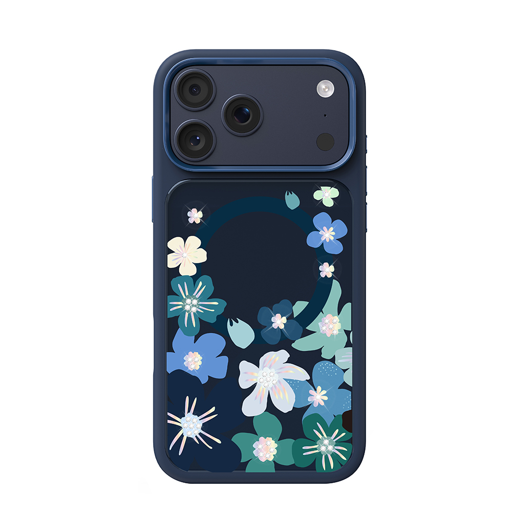 [RNZ-TA134684] Apple iPhone 18 Pro Kılıf M-safe Şarj Özellikli Çiçek Tasarımlı Mutural Flower Serisi Kapak (Lacivert)