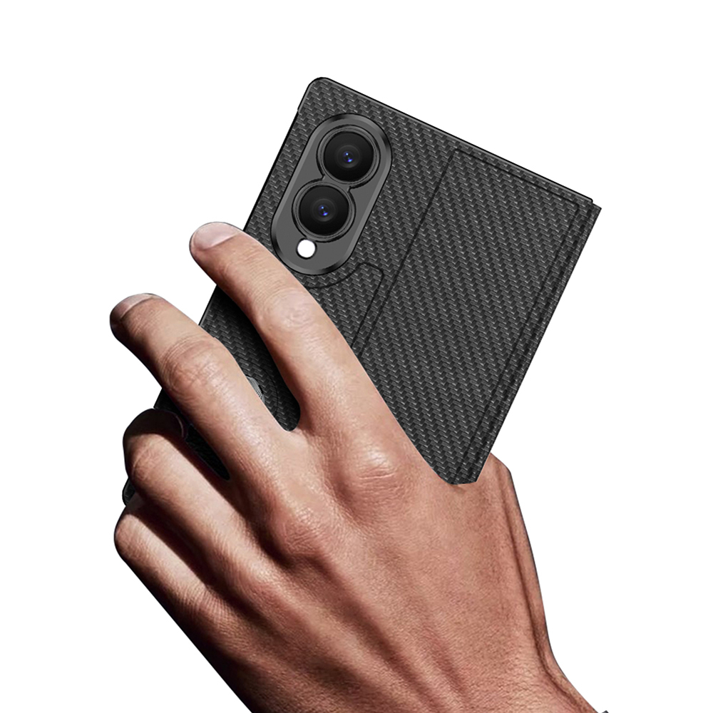 Samsung Galaxy Z Fold 8 Uyumlu Kılıf Karbon Fiber Tasarımlı Magnetik Tokalı Kartlıklı Zore Kıpta Zegna Kapak