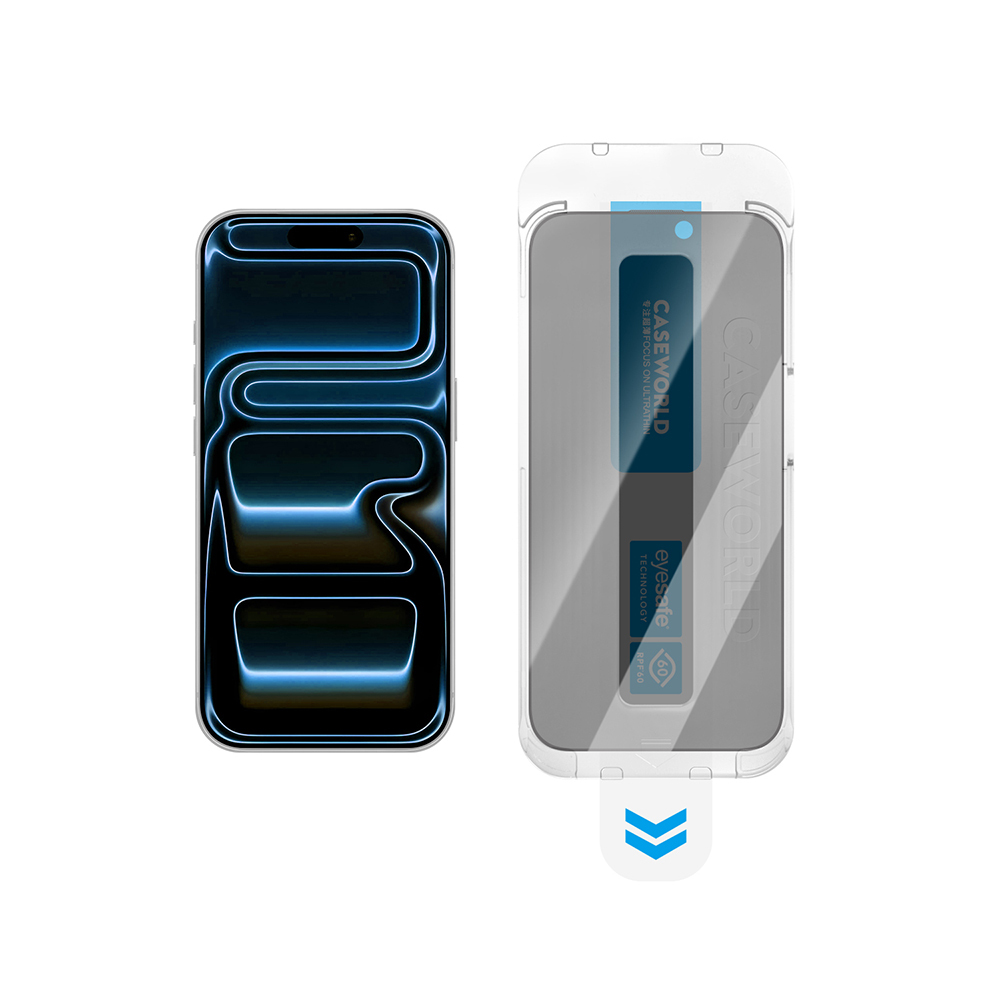 Apple iPhone 18 Pro Uyumlu CaseWorld Applicator Serisi 2.5D Eyesafe Mavi Işık Teknolojili 0.33mm Privacy Temperli Cam Ekran Koruyucu + Uygulama Aparatı