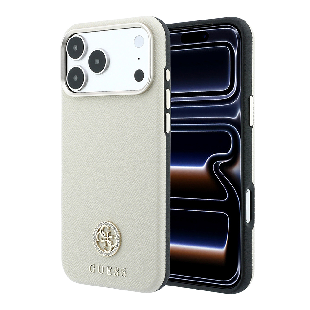[RNZ-TA139748] Apple iPhone 18 Pro Kılıf Guess Orjinal Lisanslı M-safe Şarj Özellikli PU Taşlı Metal 4G ve Yazı Logolu Kapak (Bej)