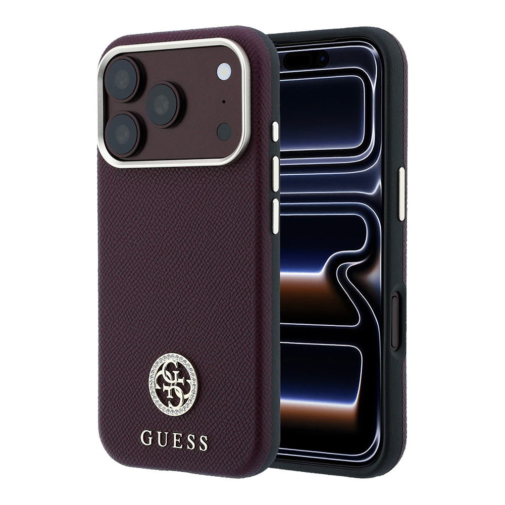 Apple iPhone 18 Pro Uyumlu Kılıf Guess Orjinal Lisanslı M-safe Şarj Özellikli PU Taşlı Metal 4G ve Yazı Logolu Kapak