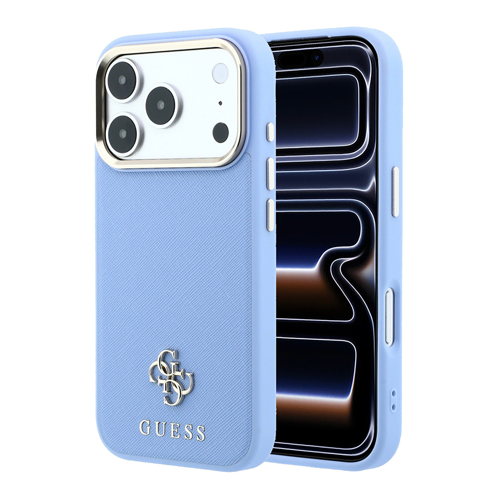 [RNZ-TA139870] Apple iPhone 18 Pro Kılıf Guess Orjinal Lisanslı M-safe Şarj Özellikli Klasik Yazı ve 4G Logolu PU Deri Saffiano Kapak (Açık Mavi)