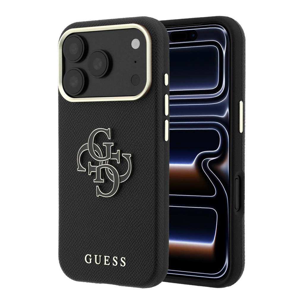 [RNZ-TA139746] Apple iPhone 18 Pro Max Kılıf Guess Orjinal Lisanslı PU Yazı ve 4G Büyük Metal Logolu Kapak (Siyah)