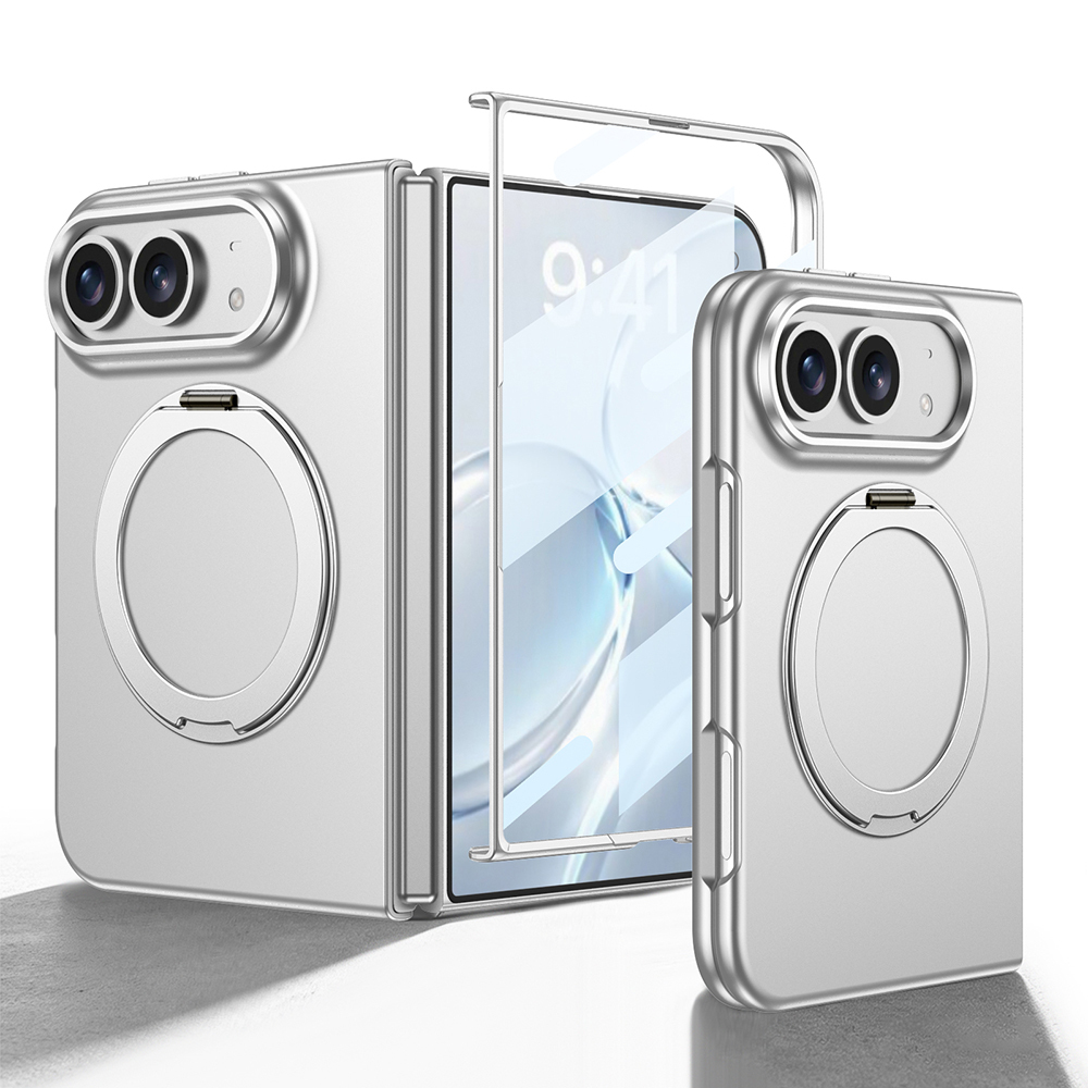 [RNZ-TA139862] Apple iPhone Duo Kılıf M-safe Şarj Özellikli Zore Kıpta Yüzüklü Kamera Korumalı Kapak (Gümüş)