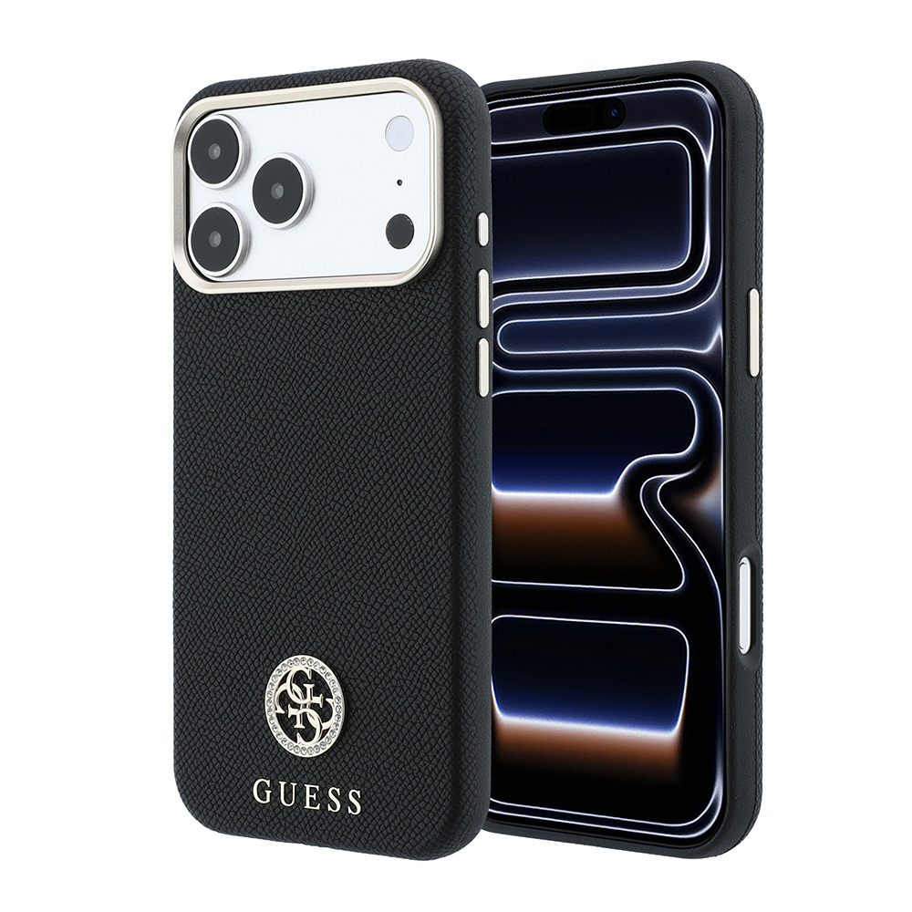 Apple iPhone 18 Pro Max Uyumlu Kılıf Guess Orjinal Lisanslı M-safe Şarj Özellikli PU Taşlı Metal 4G ve Yazı Logolu Kapak