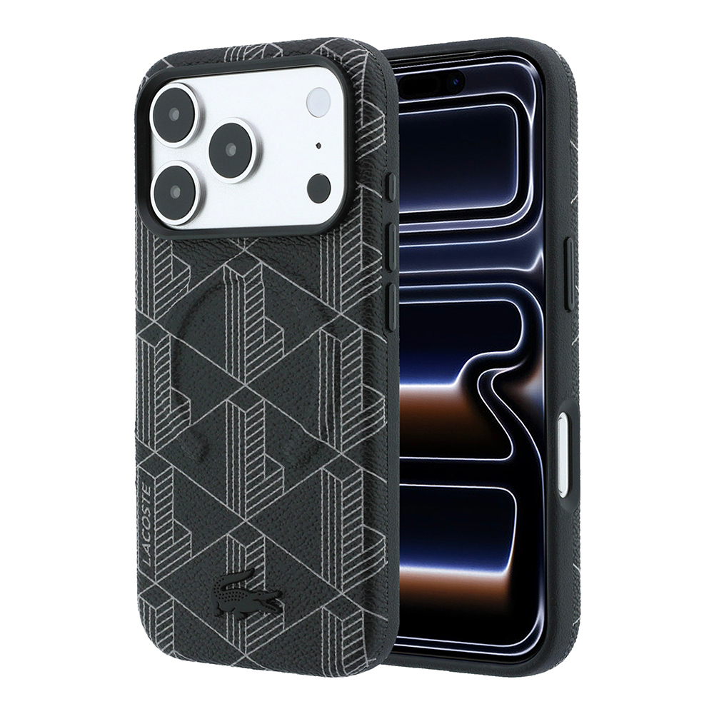 [RNZ-TA139771] Apple iPhone 18 Pro Max Kılıf Lacoste Orjinal Lisanslı M-safe Şarj Özellikli Metal Logolu Deri Karışık Monogram Desenli Kapak (Siyah)