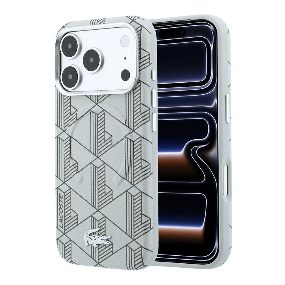 Apple iPhone 18 Pro Max Uyumlu Kılıf Lacoste Orjinal Lisanslı M-safe Şarj Özellikli Metal Logolu Deri Karışık Monogram Desenli Kapak