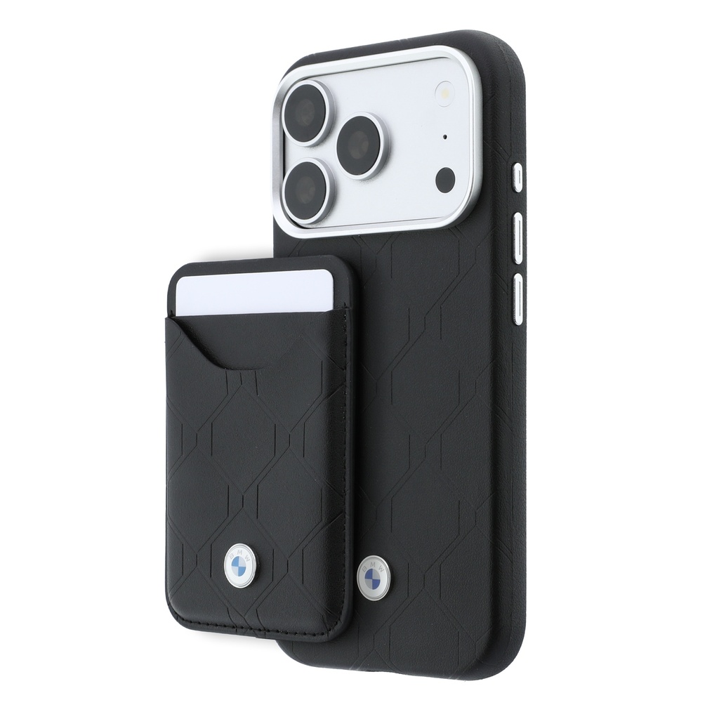 [RNZ-TA139740] Apple iPhone 18 Pro Kılıf BMW Orjinal Lisanslı M-safe Şarj Özellikli Metal Logolu Kabartmalı Kapitone Deri Kartlıklı Kapak (Siyah)