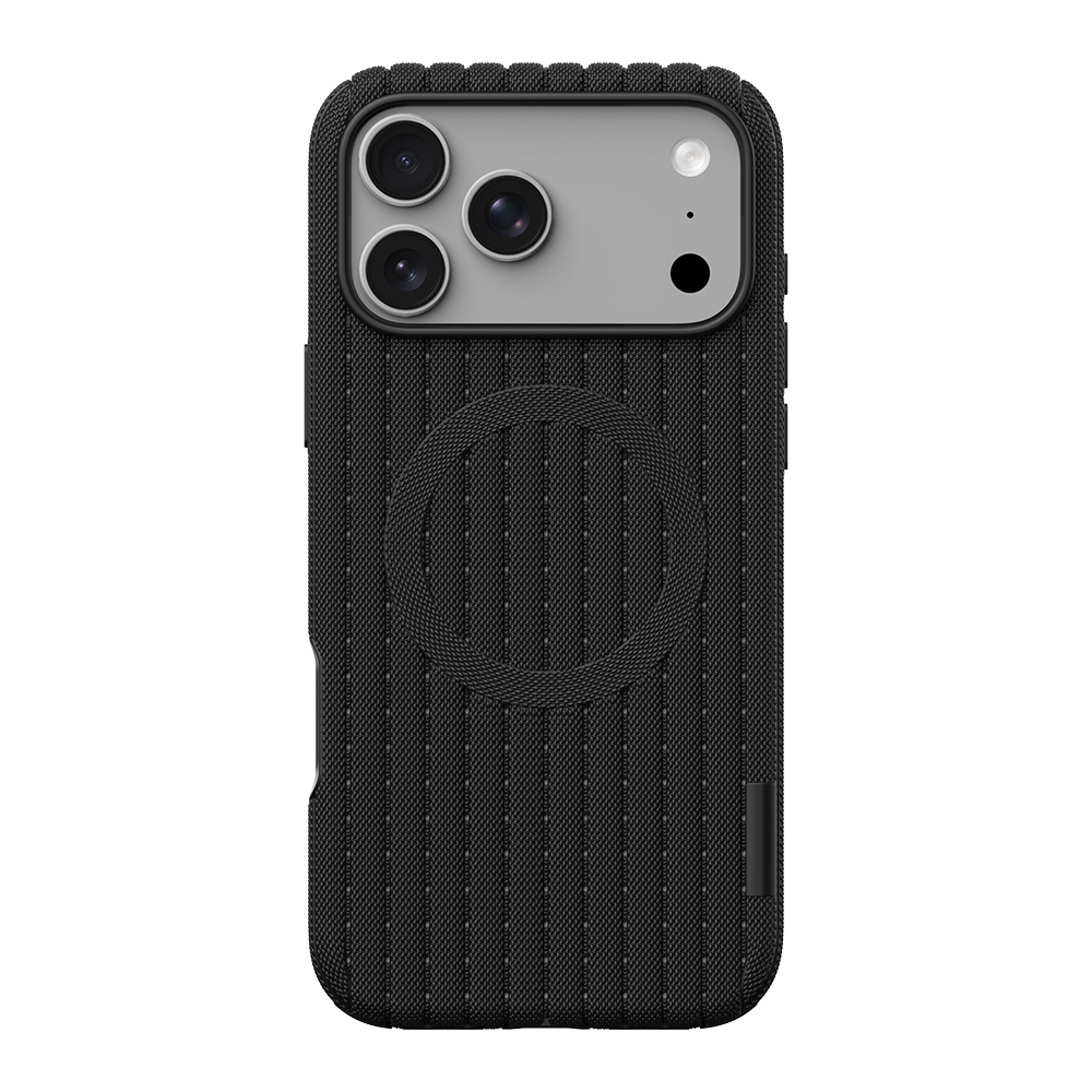 [RNZ-TA138904] Apple iPhone 17 Pro Max Uyumlu Kılıf M-Safe Şarj Özellikli Çizgi Desenli Kumaş Dokulu Zore Paris Lorin Kapak (Siyah)