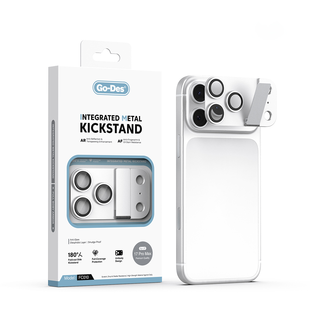 [RNZ-TA140189] Apple iPhone 17 Pro Max Uyumlu Go Des CL-23 Anti Reflective Standlı Kamera Lens Koruyucu (Gümüş)