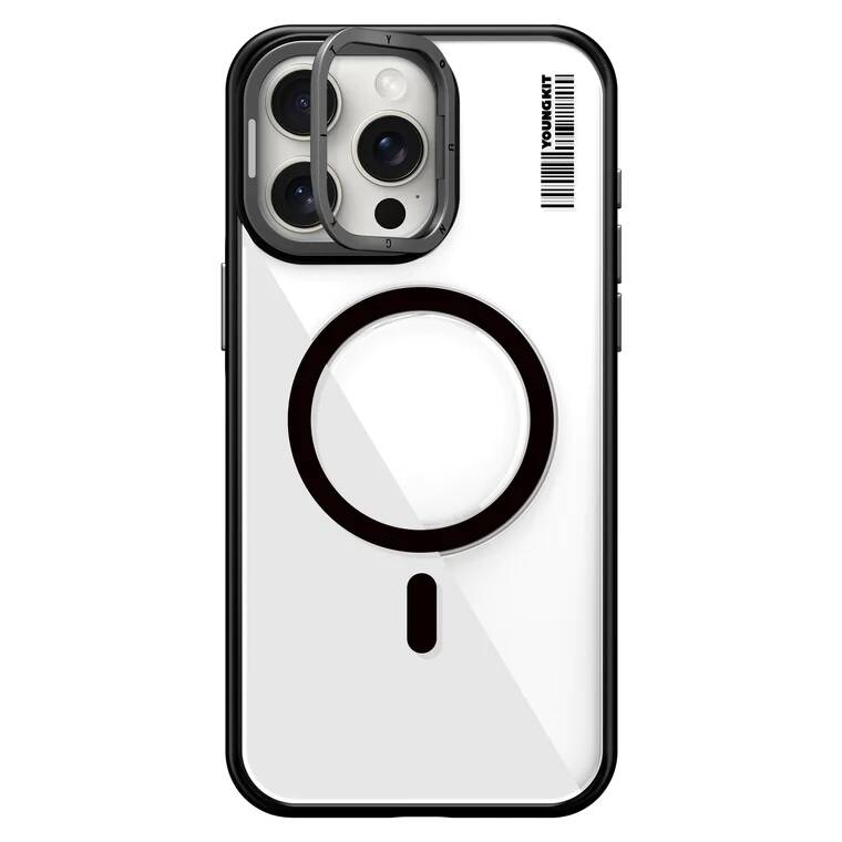 [RNZ-TA99338] Apple iPhone 15 Pro Max Uyumlu Kılıf M-safe Şarj Özellikli Sararma Önleyici Youngkit Crystal Grid Kapak (Siyah)