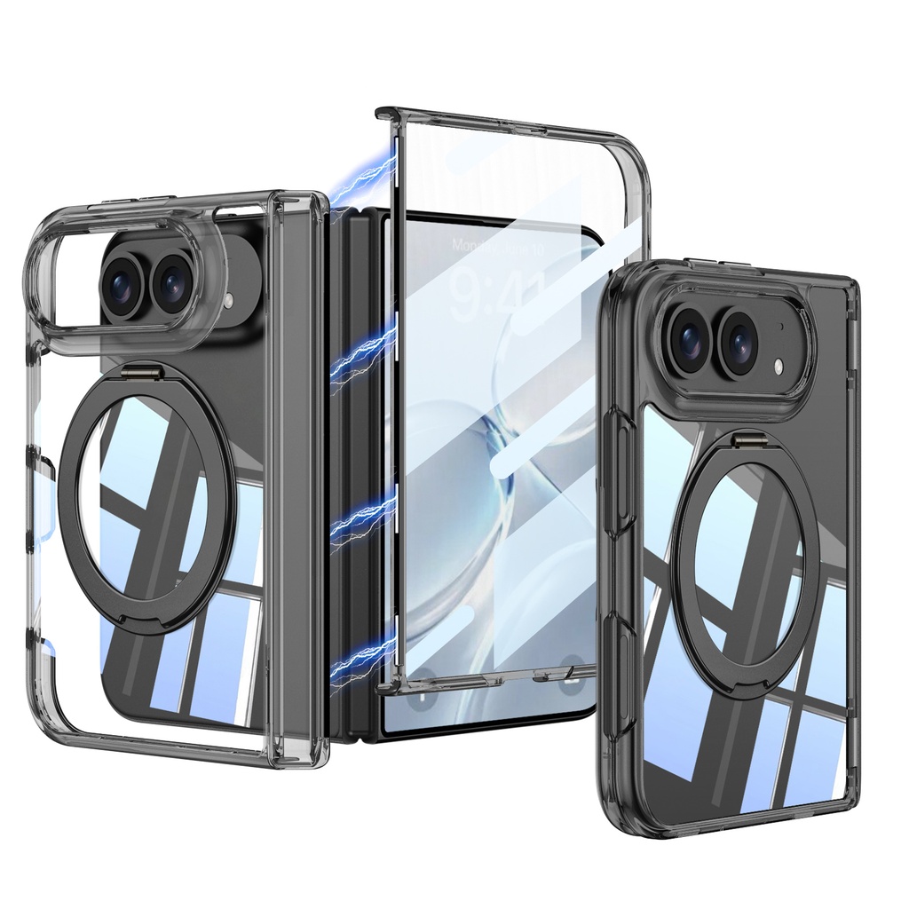 [RNZ-TA140806] Apple iPhone Duo Kılıf M-safe Şarj Özellikli Zore Kıpta KPT-09 Ring Standlı Şeffaf Sert PC Kapak (Siyah)