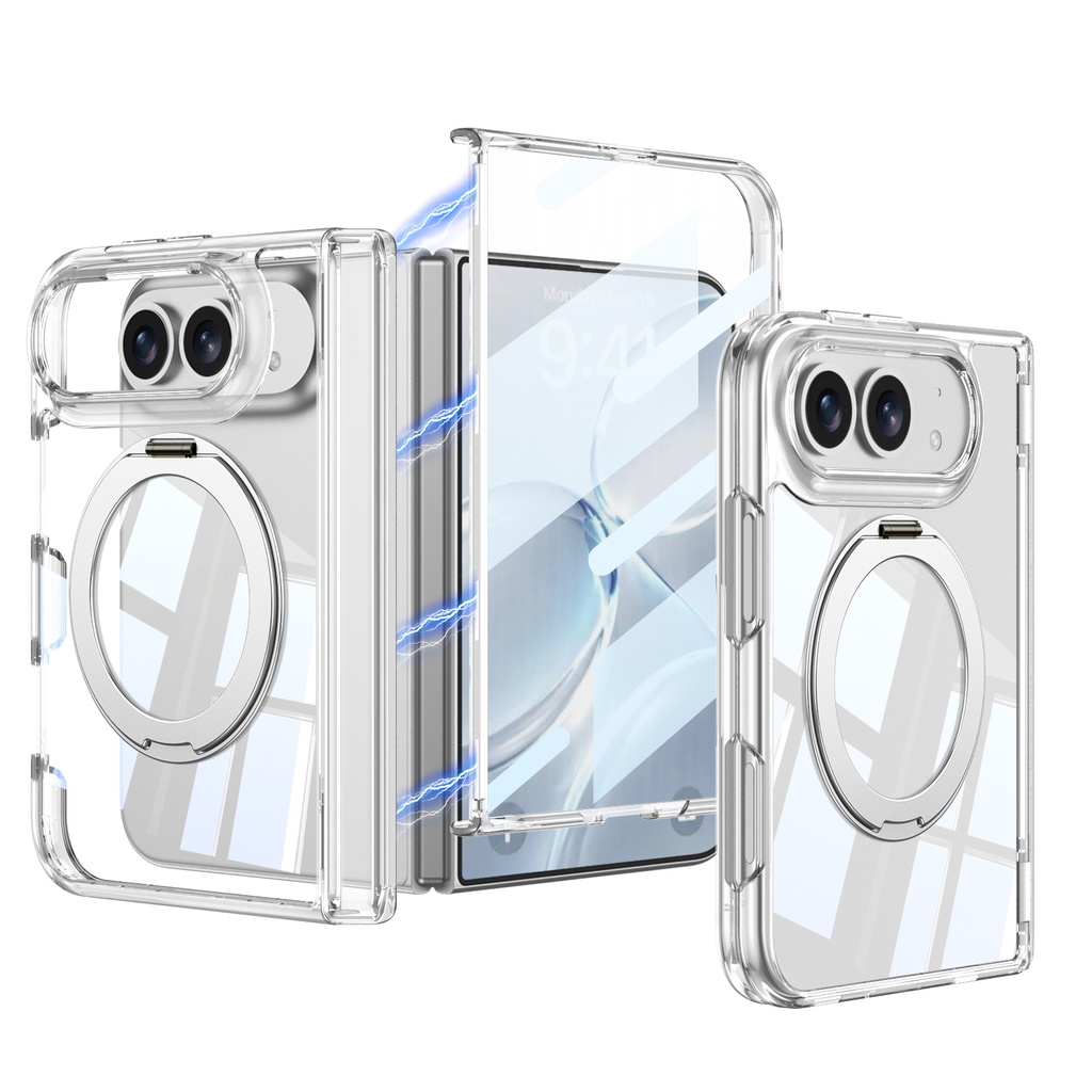 Apple iPhone Duo Uyumlu Kılıf M-safe Şarj Özellikli Zore Kıpta KPT-09 Ring Standlı Şeffaf Sert PC Kapak