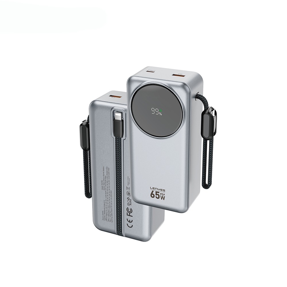 [RNZ-TA139719] Lenyes PX379D Dijital LED Ekranlı Type-C ve Lightning Kablolu Powerbank 65W 30.000mAh