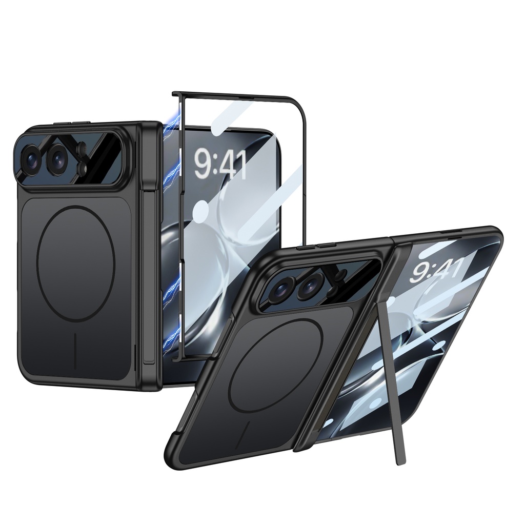 [RNZ-TA140814] Apple iPhone Duo Kılıf M-safe Şarj Özellikli Zore Kıpta KPT-18 Dikey Standlı Kapak (Siyah)