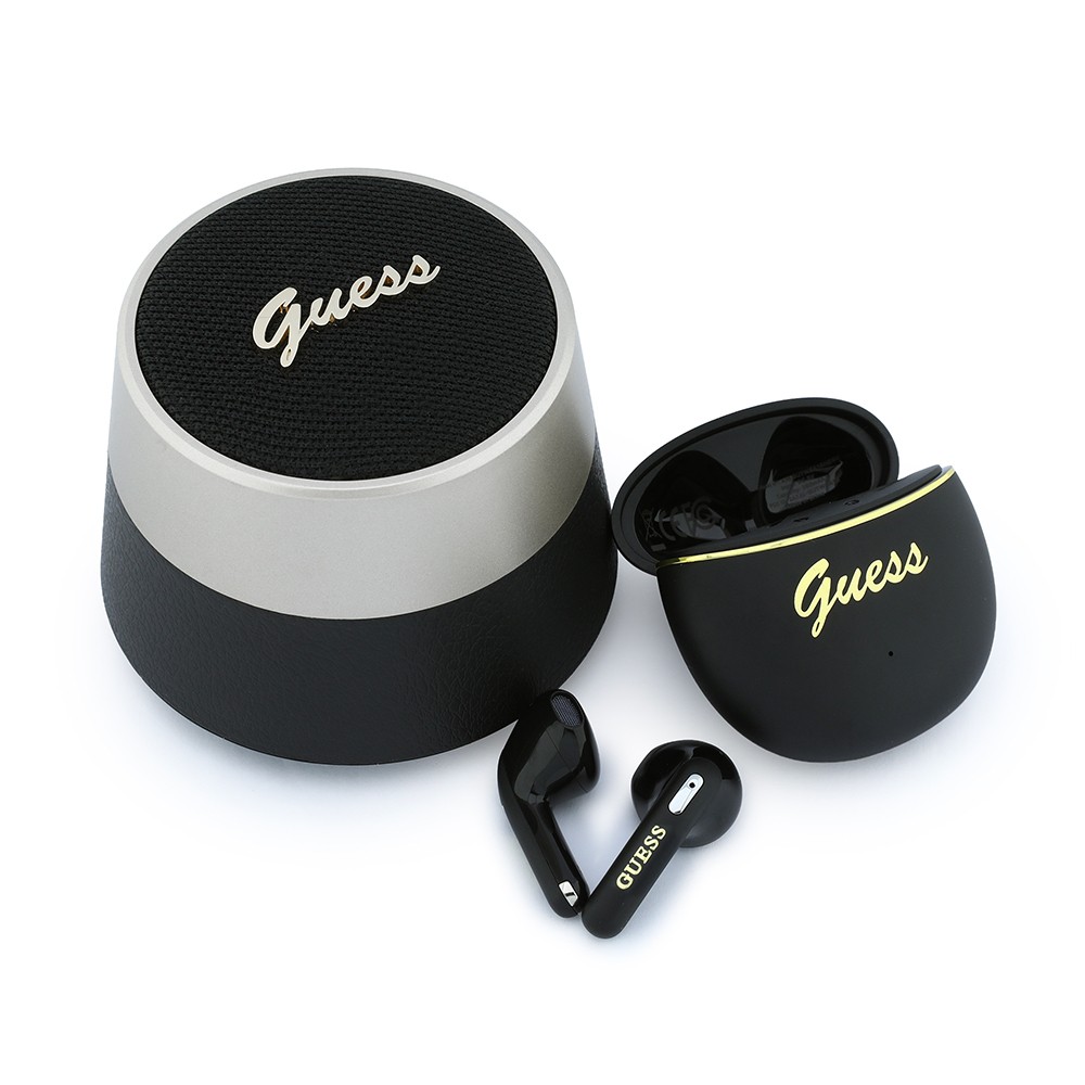 [RNZ-TA139715] Guess Orjinal Lisanslı Metal Yazı Logolu Kulak içi TWS Kulaklık ve Speaker Hoparlör 2in1 Set
