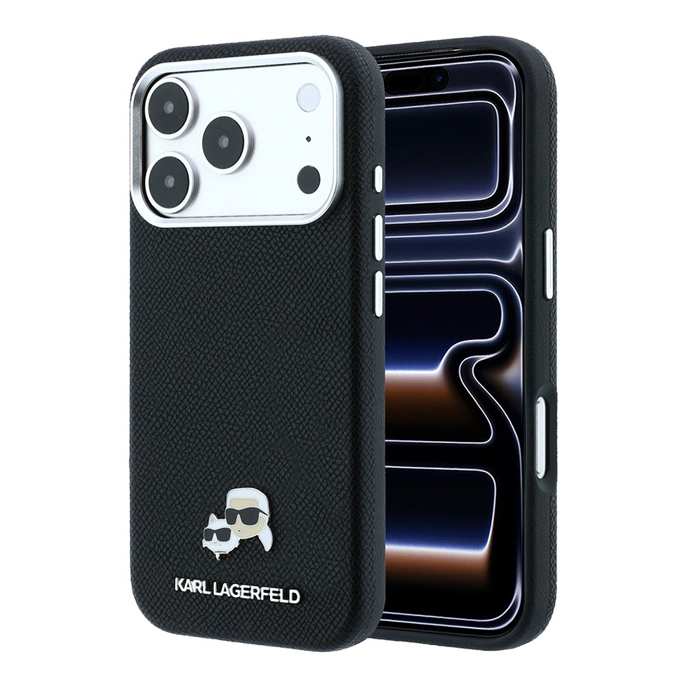 Apple iPhone 18 Pro Uyumlu Kılıf Karl Lagerfeld Orjinal Lisanslı M-Safe Şarj Özellikli K&C Heads Metal Logolu PU Kapak