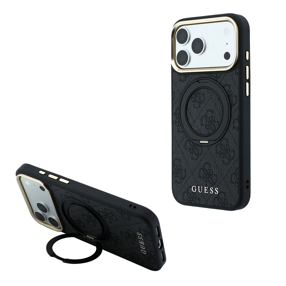 [RNZ-TA141035] Apple iPhone 18 Pro Max Uyumlu Kılıf Guess Orjinal Lisanslı M-safe Şarj Özellikli 4G Desenli 360 Derece Dönebilen Standlı Metal Yazı Logolu Kapak (Siyah)