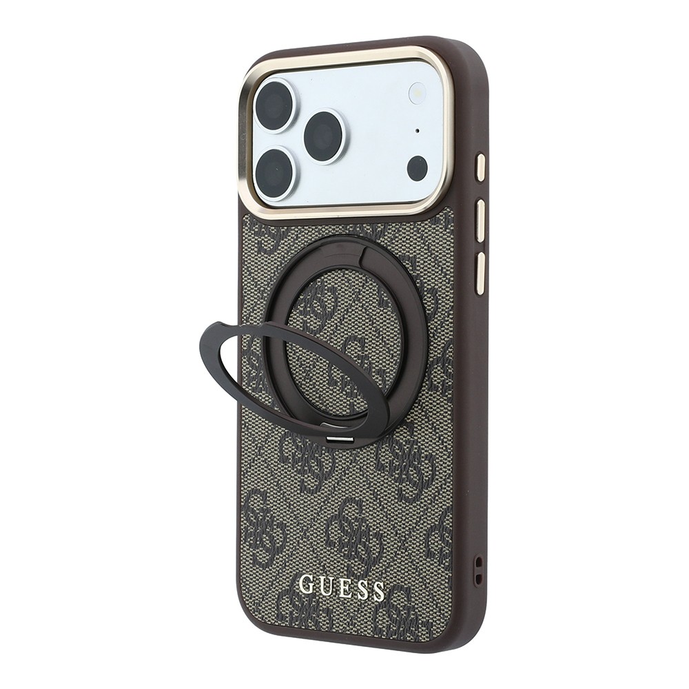 Apple iPhone 18 Pro Max Uyumlu Kılıf Guess Orjinal Lisanslı M-safe Şarj Özellikli 4G Desenli 360 Derece Dönebilen Standlı Metal Yazı Logolu Kapak