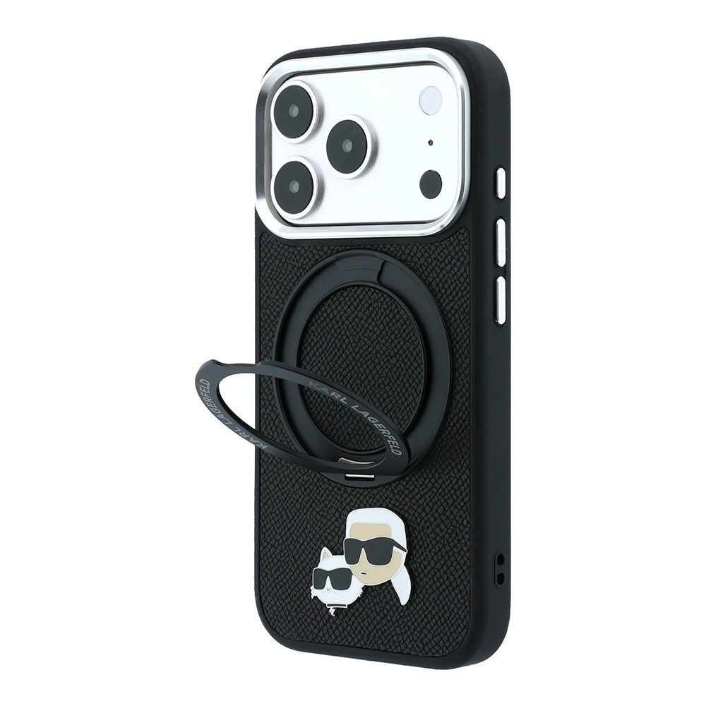 [RNZ-TA139986] Apple iPhone 18 Pro Max Uyumlu Kılıf Karl Lagerfeld Orjinal Lisanslı M-Safe Şarj Özellikli K&C Heads Pin Metal Logolu PU 360 Derece Dönebilen Standlı Kapak