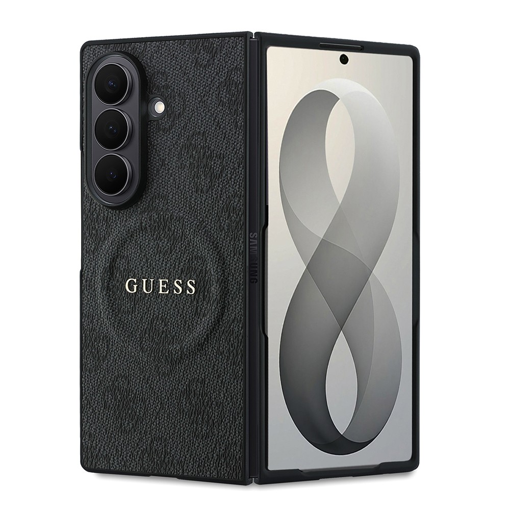[RNZ-TA139996] Samsung Galaxy Z Fold 8 Ultra Uyumlu Kılıf Guess Orjinal Lisanslı M-safe Şarj Özellikli 4G Desenli Yazı Logolu PU Deri Kapak (Siyah)