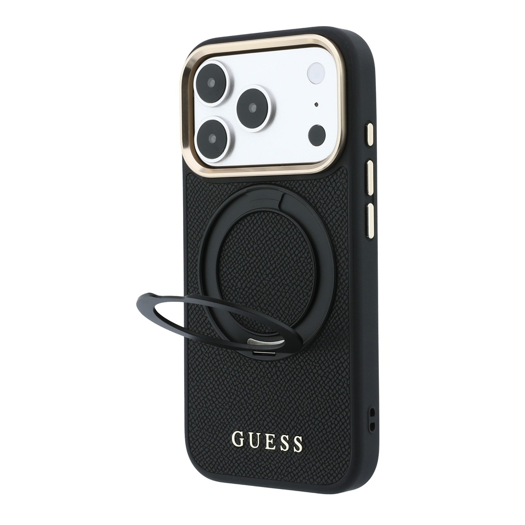 Apple iPhone 18 Pro Uyumlu Kılıf Guess Orjinal Lisanslı M-safe Şarj Özellikli 360 Derece Dönebilen Standlı PU Metal Yazı Logolu Kapak