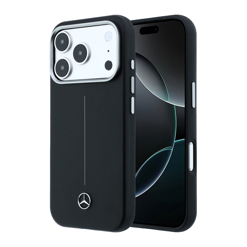 Apple iPhone 18 Pro Max Uyumlu Kılıf Mercedes Benz Orjinal Lisanslı M-safe Şarj Özellikli Metal Yıldız Logolu Çizgili Deri Kapak