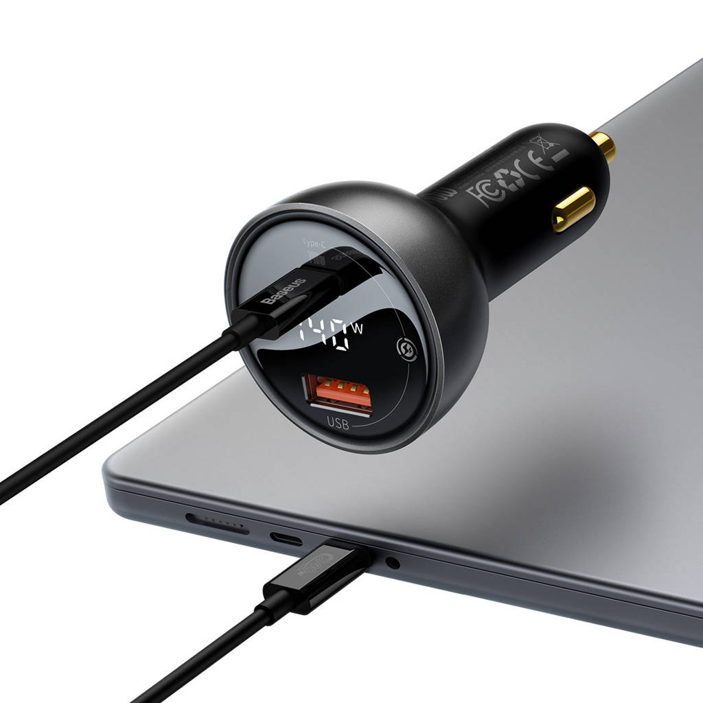 Baseus Dijital Göstergeli 140W PD 3.1 Çift Çıkışlı Ultra Hızlı Araç Şarj Aleti + 240W Type-C Kablo - Obsidian