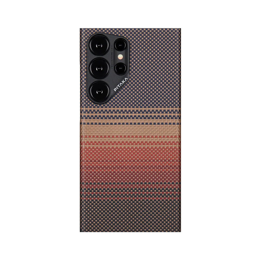 Samsung Galaxy S24 Ultra Uyumlu Kılıf M-safe Şarj Özellikli Aramid Fiber Pitaka Tactile Woven Sunset-Moonrise Serisi Sunset Kapak
