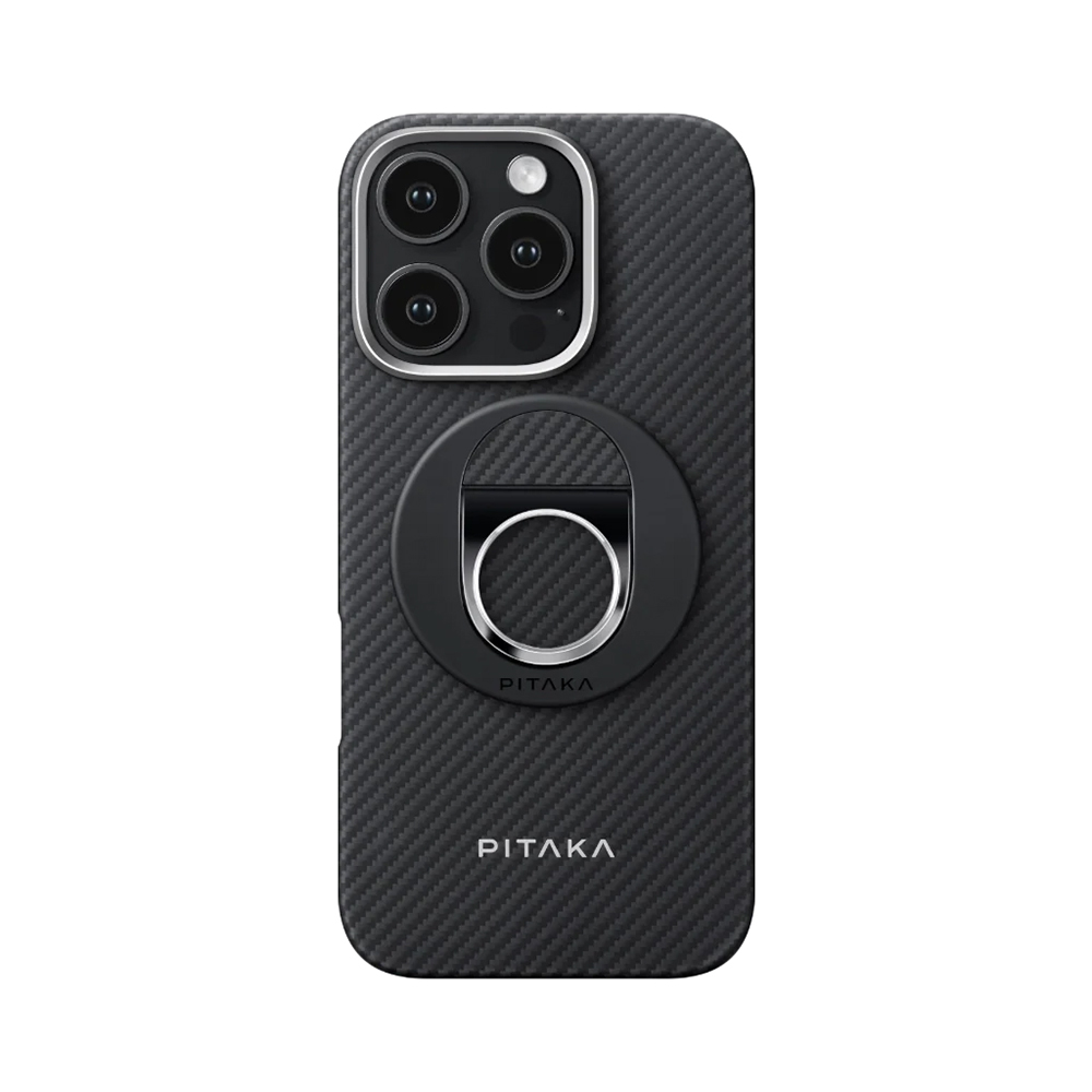 Apple iPhone 16 Pro Max Uyumlu Kılıf M-safe Şarj Özellikli Grip 3 Standlı Aramid Fiber Pitaka Military Grade Classic Serisi Black-Grey Twill Kapak