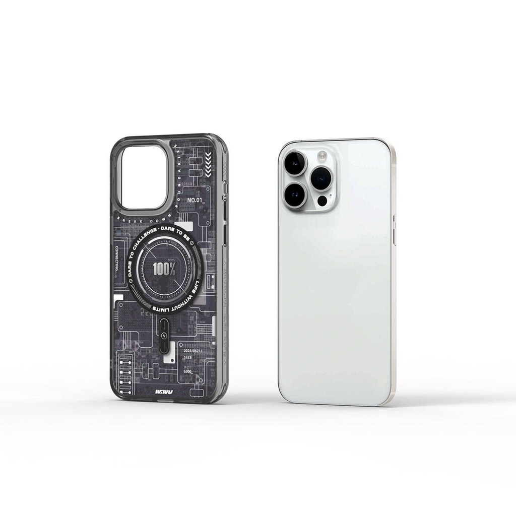 Apple iPhone 15 Pro Uyumlu Kılıf M-safe Şarj Özellikli Desenli Wiwu Mecha Circuit H Serisi Kapak