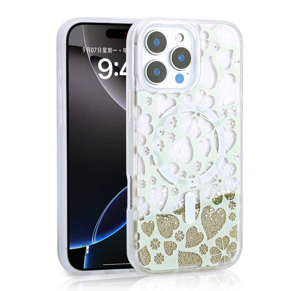 Apple iPhone 16 Pro Max Uyumlu Kılıf Sıvılı Simli Baskılı Şeffaf Arka Yüzey Zore Mossa Silikon Kapak