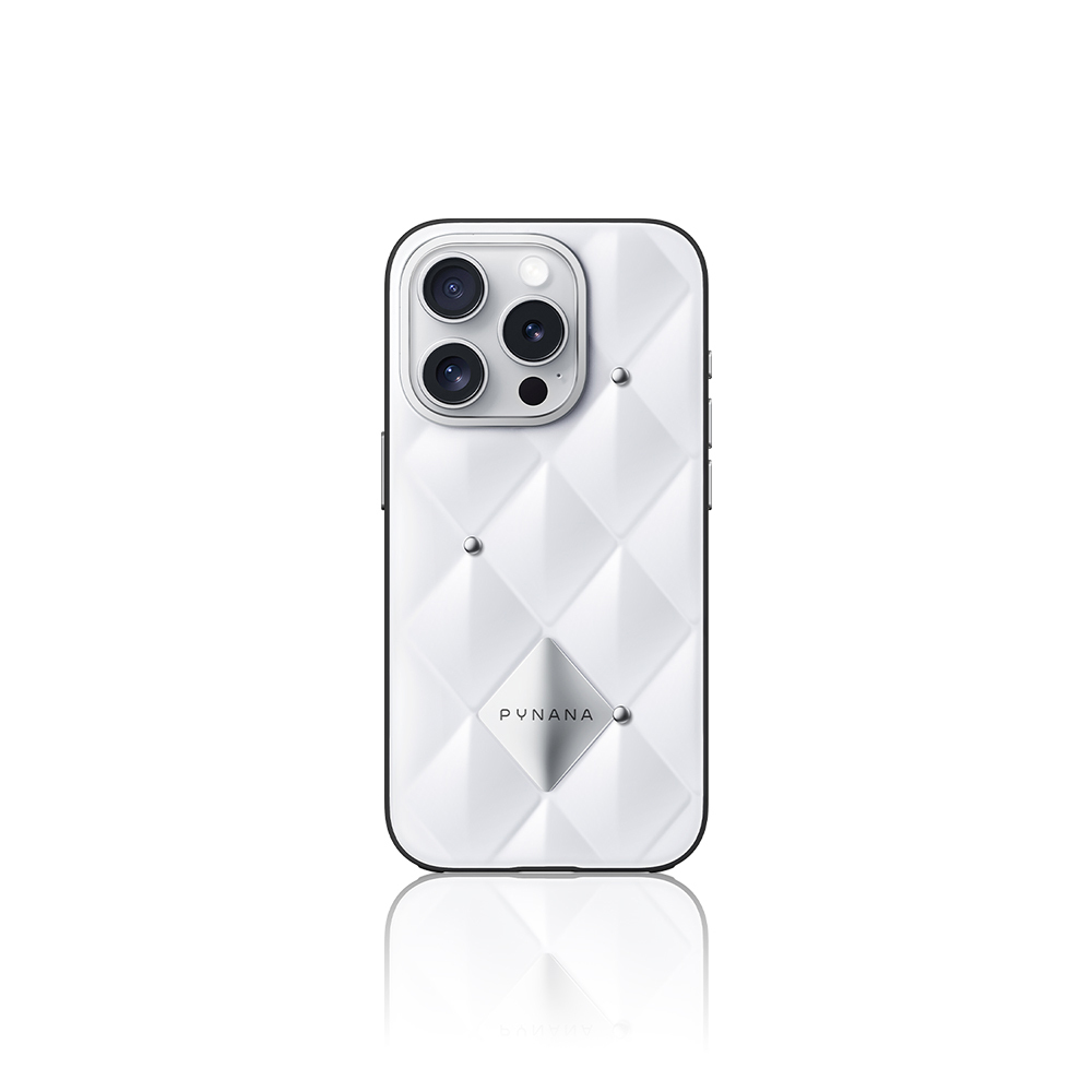 Apple iPhone 16 Pro Uyumlu Kılıf Parlak Arka Yüzeyli Kabartma Tasarımlı Kapitone Pynana Metal Diamond Serisi Kapak
