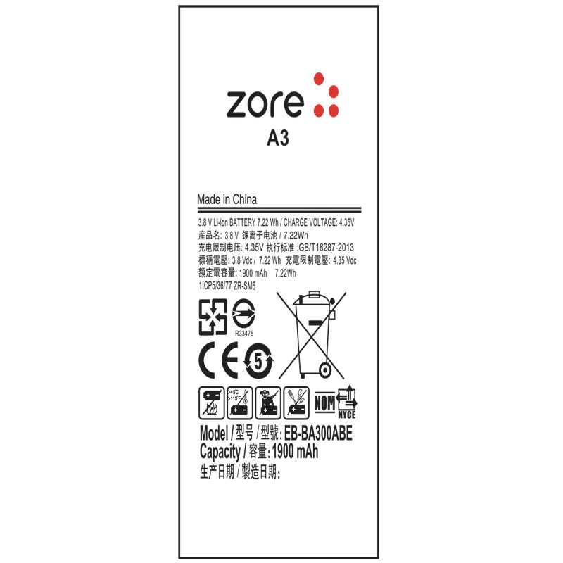 [RNZ-T7275] Samsung Galaxy A3 Uyumlu Zore Tam Orjinal Batarya