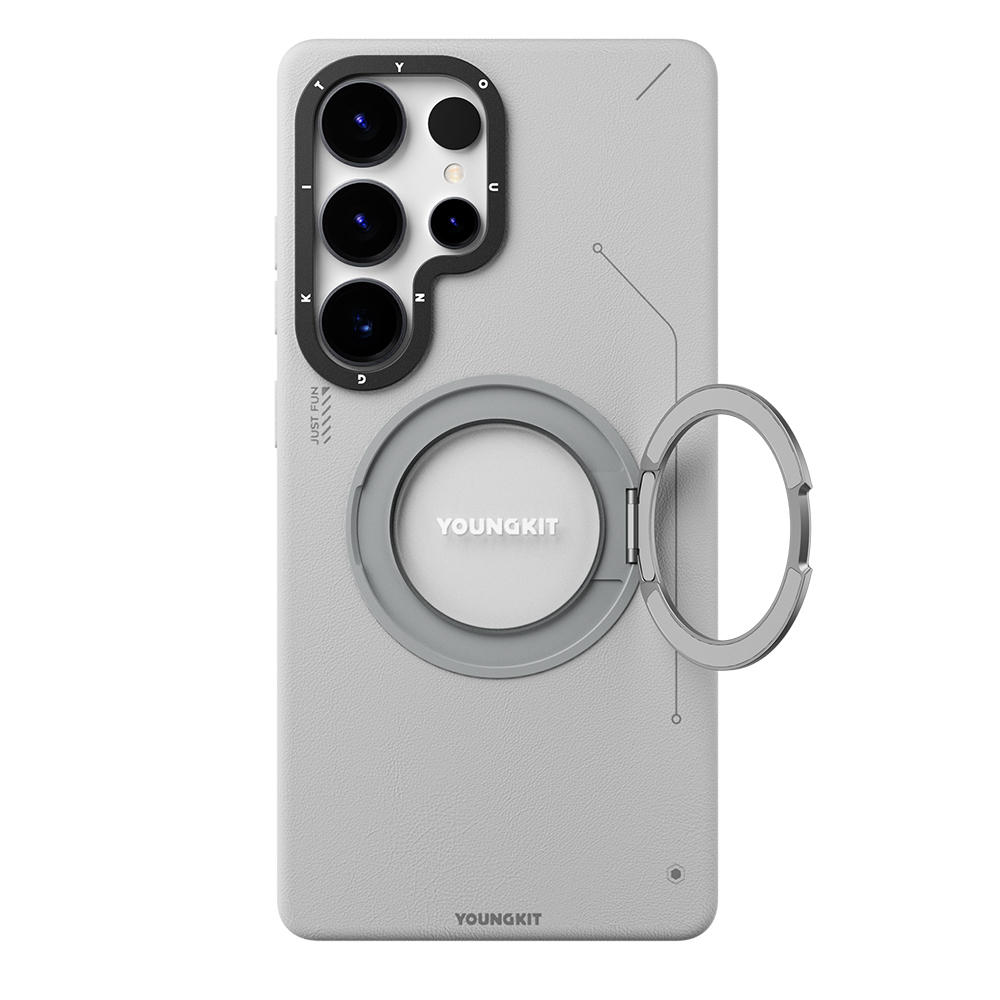 Samsung Galaxy S25 Ultra Uyumlu Kılıf M-safe Şarj Özellikli 360° Standlı Basit Mat Deri Desenli Youngkit Tech Leather Serisi Kapak