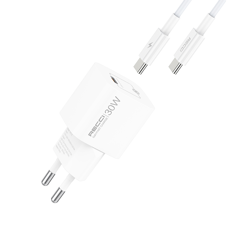 Recci RC77E GaN Teknolojili Hızlı Şarj Başlığı Type-C to Type-C PD 30W Kablolu Şarj Seti