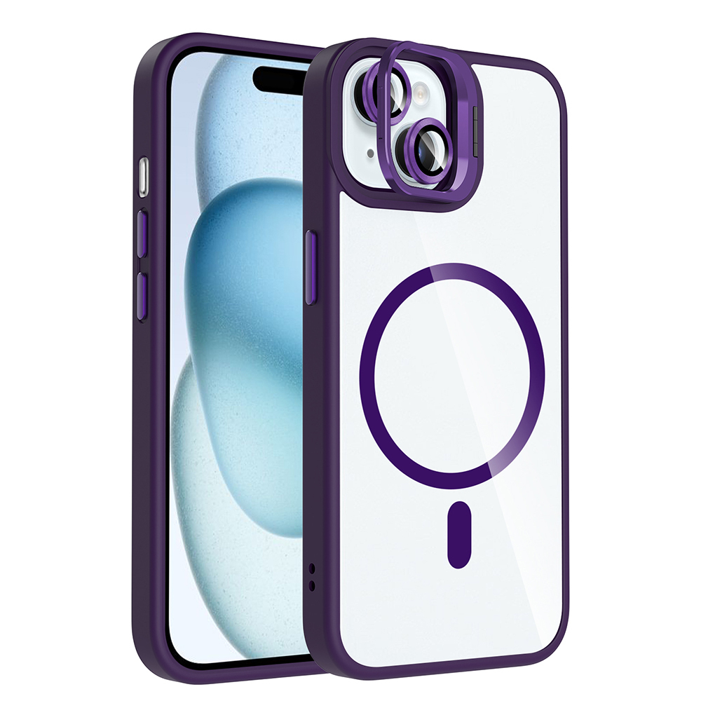 Apple iPhone 15 Uyumlu Kılıf Standlı ve Kamera Lens Hediyeli M-Safe Şarj Özellikli Zore Etro Kapak