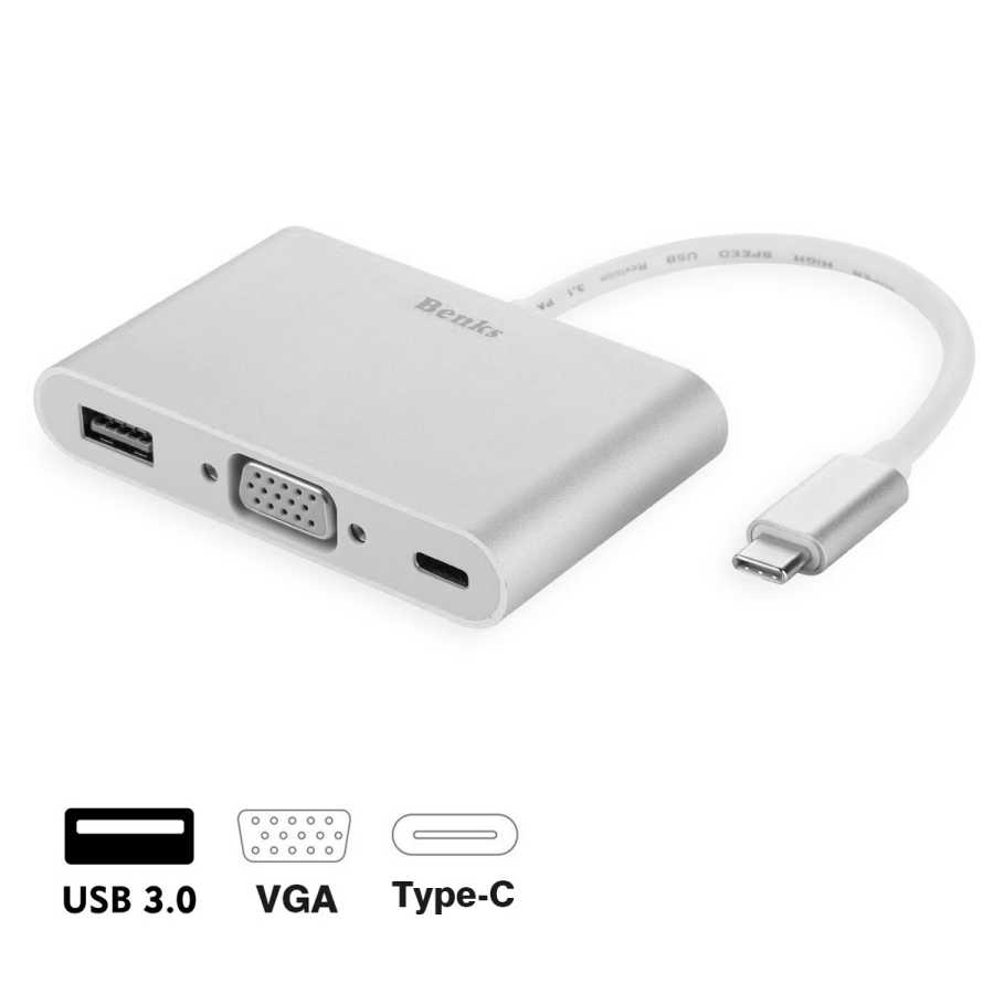 [RNZ-TA25541] Benks U20 Type-C to 3 in 1 Adaptör (Usb 3.0+VGA+Type-C) (Gri)