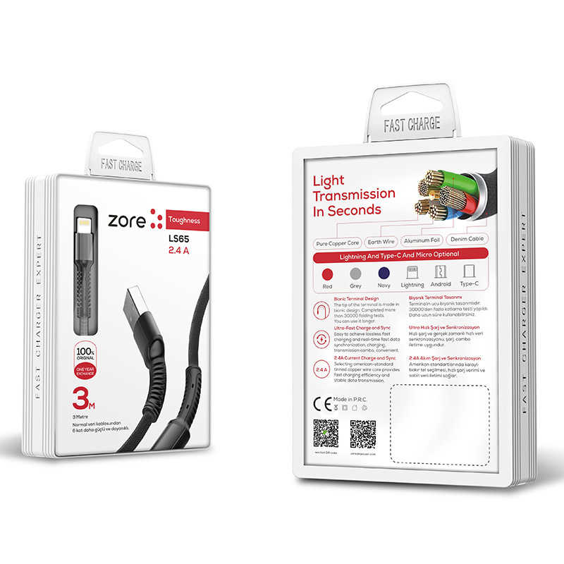 [RNZ-TA27628] Zore LS65 Lightning Usb Kablo (Siyah)