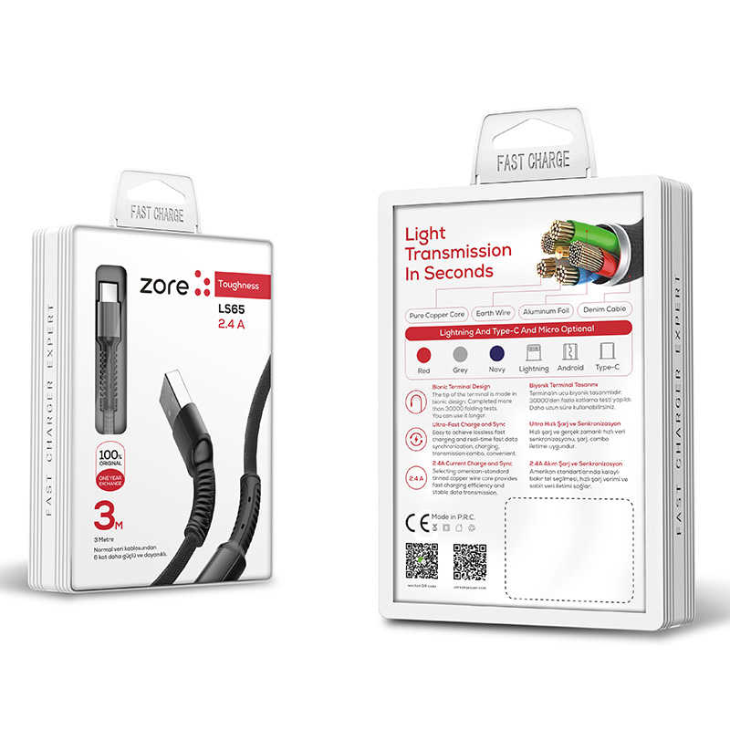 [RNZ-TA27631] Zore LS65 3 Metre Type-C USB Kablo – 2.4A Hızlı Şarj (Siyah)