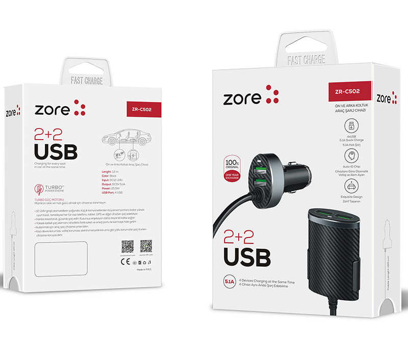 [RNZ-TA28327] Zore ZR-C502 2+2 Araç Şarj Seti